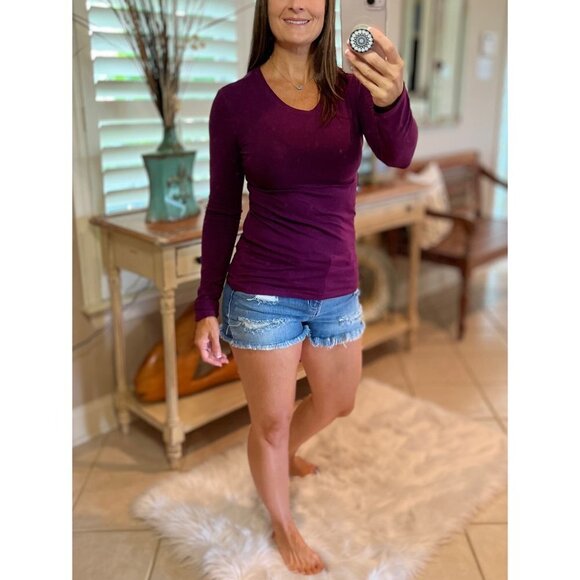 Round Neck Slimming Long Sleeve Cotton Top Eggplant 0323 - Picture 4 of 5